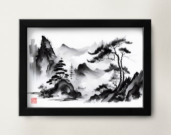 Pode incluir: Pintura a tinta preta e branca de uma paisagem montanhosa com árvores e um rio. A pintura é emoldurada em uma moldura preta.