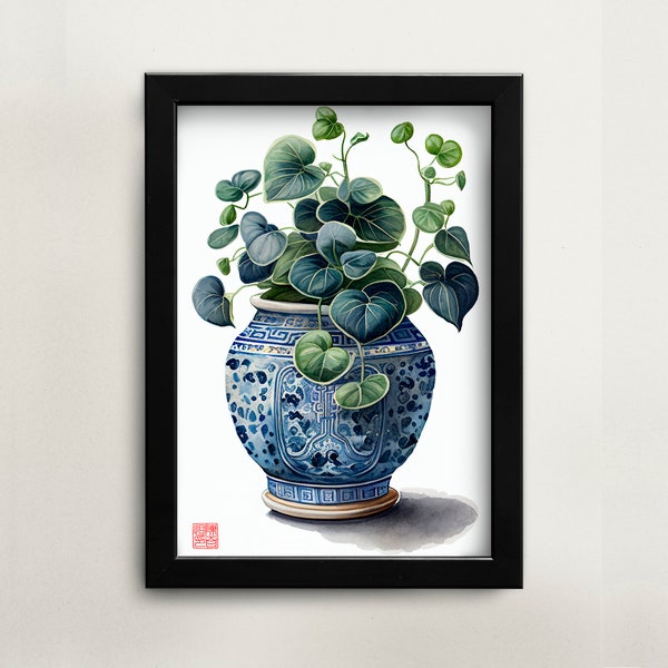 Printable Chinese watercolor painting lucky Chinese money plant wall art digital download Asian art home décor for office Chinese painting