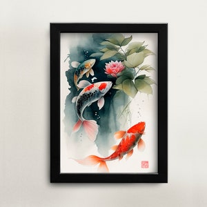 Printable Chinese watercolor painting koi fish goldfish wall art digital download Asian art home décor for office Chinese painting koi art
