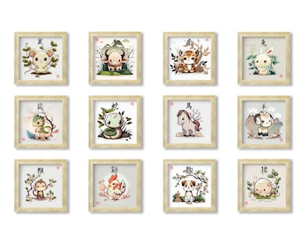 Printable set of 12 Chinese zodiac animals cute cartoon zodiac animals, digital download, Asian art digital art Chinese art home decor