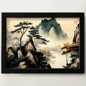 Printable traditional Chinese watercolor painting Ming dynasty landscape painting asian art digital download art Chinese painting nature
