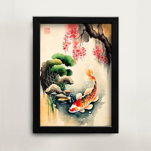 Printable Chinese watercolor painting koi fish goldfish wall art digital download Asian art home décor for office Chinese painting koi art