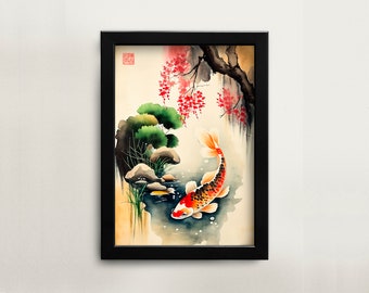 May include: A framed watercolor painting of a koi fish swimming in a pond with a small yellow fish and a green bush. The background features a red and white flowering tree.