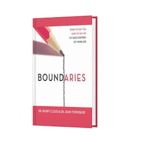 May include: A hardback book titled "Boundaries" with a white cover and red accents. The cover features a pencil drawing with the title in large, bold letters. The book's subtitle is "When to Say Yes, How to Say No, To Take Control of Your Life."