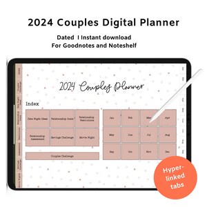 May include: A digital planner for couples with a pink and white heart pattern. The planner is designed for Goodnotes and Noteshelf apps. It includes sections for date night ideas, relationship goals, relationship resolutions, a savings challenge, movie nights, and a couples challenge. The planner has a calendar for each month of the year.