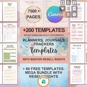 7500+ Pages PLR Canva Template Bundle | 200 Editable PLR Templates | Planners, Journals, Trackers | Printable with Master Resell Rights