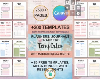 7500+ Pages PLR Canva Template Bundle | 200 Editable PLR Templates | Planners, Journals, Trackers | Printable with Master Resell Rights