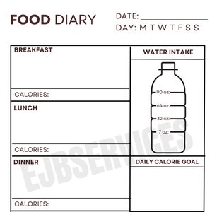 May include: A black and white food diary template with sections for breakfast, lunch, dinner, snacks, water intake, and daily calorie goal. The template includes spaces to record calories and water intake in ounces.