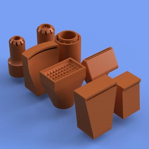 May include: A collection of various brown, geometric-shaped objects, possibly components or parts, arranged against a light blue background. The objects have a matte finish and include cylinders, rectangular blocks, and angled forms.