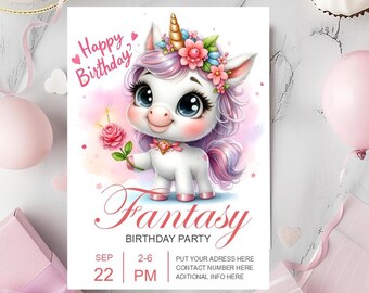 Editable Pink Pastel Unicorn Birthday Invitation - Magical Party Invite for Girls - 5x7 Digital Template - Instant Download