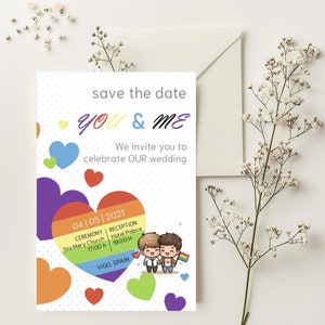 Convite de casamento LGBTQ editável - 4 x 6 polegadas, PDF e PowerPoint para download Cartão de casamento gay e lésbico personalizável, cartão de casamento Sr. e Sr.