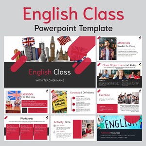 Puede incluir: Una plantilla de PowerPoint para clase de inglés con un esquema de color rojo, blanco y azul. La plantilla incluye diapositivas para los materiales necesarios para la clase, los objetivos y las reglas de la clase, la lección del día, la hoja de trabajo, el tiempo de actividad, los conceptos y las definiciones, el ejercicio y los recursos adicionales. La plantilla presenta imágenes de la bandera británica, la bandera estadounidense y el Big Ben.