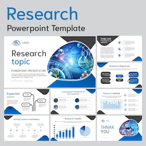 Puede incluir: Una plantilla de PowerPoint azul y blanca para una presentación de investigación. La plantilla incluye una diapositiva de título, una diapositiva para los objetivos de investigación, una diapositiva para los métodos de investigación, una diapositiva para los resultados de investigación y una diapositiva de agradecimiento. La plantilla también incluye una diapositiva con un marco conceptual de la investigación.