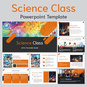 Può includere: Un modello di presentazione PowerPoint colorato per la lezione di scienze con un'illustrazione di cartoni animati di attrezzature scientifiche e una diapositiva del titolo che dice "Science Class" con le parole "PowerPoint Template" sotto. Il modello include diapositive per piani di lezione, fogli di lavoro, tempo di attività, concetti e definizioni, esercizi, materiali necessari per la lezione, obiettivi e regole della lezione e risorse aggiuntive.