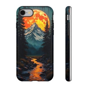 Rustic Moon Mountain Phone Case – Nature-Inspired Forest & Fiery Sky Design | Tough Cover for iPhone, Samsung, Google Pixel