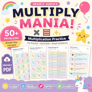 Puede incluir: Hoja de trabajo PDF imprimible y colorida titulada "Multiply Mania!" para estudiantes de 3er grado de 8 a 9 años. Presenta problemas de multiplicación, clave de respuestas y actividades divertidas. Incluye práctica de multiplicación de 1 y 2 dígitos.