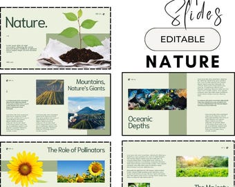 May include: A PowerPoint template with 11 slides on the theme of nature. The slides feature images of a small tree, mountains, ocean, sunflowers, and a forest. The text on the slides includes "Nature", "Mountains, Nature's Giants", "Oceanic Depths", "The Role of Pollinators", and "The Majesty of Forests".