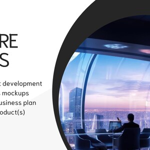 May include: A presentation slide with the text "FUTURE PLANS" and a list of bullet points: "New product development", "Applications mockups", "Marketing business plan for a new product(s)". The background is a white and black abstract design with a view of a city skyline through a large window.