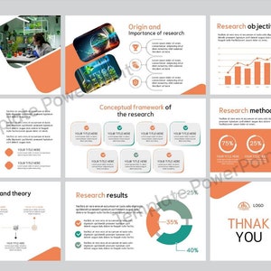 Pode incluir: Um modelo de apresentação PowerPoint com um esquema de cores laranja claro e verde. O modelo é projetado para um tópico de pesquisa e inclui slides para o tópico de pesquisa, os benefícios esperados, a origem e a importância da pesquisa, os objetivos de pesquisa, a estrutura conceitual da pesquisa, os métodos de pesquisa, a pesquisa relacionada e a teoria, os resultados da pesquisa e um slide de agradecimento. O modelo inclui gráficos, diagramas e imagens.