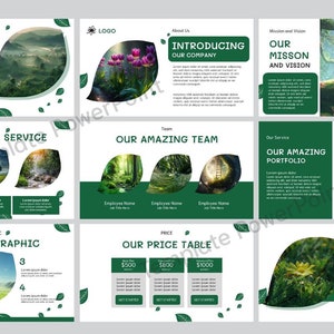 May include: A green and white presentation template with a nature theme. The slides feature images of forests, trees, and leaves. The text on the slides includes "Minimal Presentation", "Our Amazing Service", "Our Amazing Team", "Our Mission and Vision", "Our Amazing Portfolio", "Our Infographic", and "Our Price Table".
