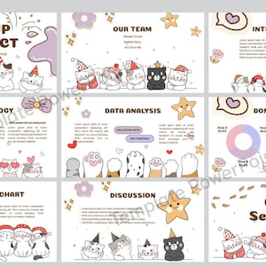 May include: A PowerPoint presentation template with a cute cat theme. The slides feature illustrations of cats wearing hats and accessories, along with text such as "Group Project", "Our Team", and "Q&A Session?". The color scheme is primarily white, lavender, and brown.