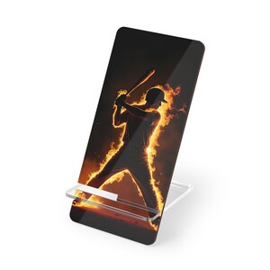 Custom Baseball Phone Display Stand – Personalized Fiery Sports Desk Accessory, Gamer Gift, Unique Baseball Lover Decor