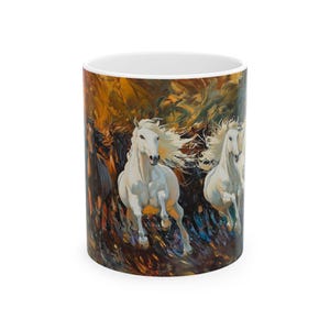 Custom White Horses Ceramic Mug, Personalized Equestrian Coffee Cup, Stallion Gift, Rustic Farmhouse Decor, 11oz 15oz Horse Lover Mug