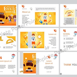 May include: A PowerPoint presentation template with a back to school theme. The template features a yellow school bus, children, and text that says "Welcome Back to School".