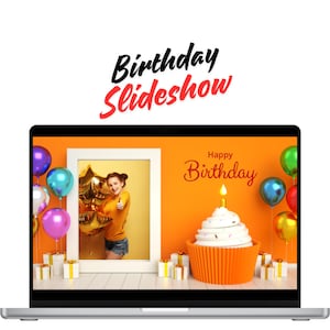 Puede incluir: Una pantalla de computadora portátil que muestra una presentación de diapositivas de cumpleaños con una foto de una persona con una camisa amarilla, un cupcake con una vela encendida y globos. El texto "Feliz cumpleaños" se muestra en la pantalla.
