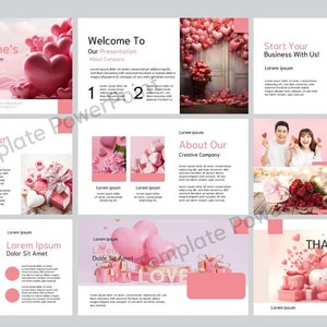 May include: A Valentine's Day themed PowerPoint presentation template with pink hearts, gift boxes, and flowers. The template includes slides for a welcome, about the company, starting a business, and a thank you. The text "Valentine's Presentation" is on the first slide.