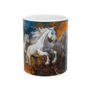 Custom White Stallions Ceramic Mug – Personalized Wild Horse Coffee Cup, Equestrian Art, Rustic Farmhouse Decor, 11oz & 15oz Horse Lover Mug