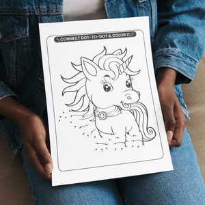May include: A black and white connect-the-dots coloring page featuring a cute unicorn with a horn and a mane. The page includes numbered dots to connect and color.