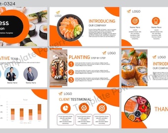 Puede incluir: Una plantilla de presentación de negocios con un tema de sushi. Las diapositivas presentan fondos naranja y blanco con imágenes de sushi, un equipo de personas y un gráfico de barras. El texto en las diapositivas incluye "Presentación de negocios", "Nuestro equipo creativo", "Plantación paso a paso", "Increíble", "Testimonio del cliente", "Presentación de nuestra empresa" y "Gracias".