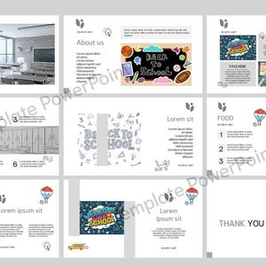 May include: A school themed PowerPoint template with colorful illustrations of school supplies, a classroom, and the text "Back to School". The template includes slides for "About Us", "Lorem Ipsum", "Food", and "Thank You".