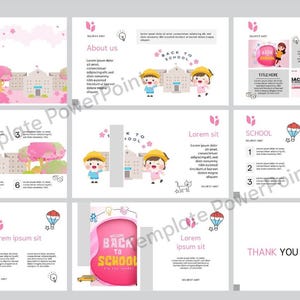 May include: A colorful PowerPoint template for school presentations. The template features illustrations of children, a school building, and a school bus. The text "Back to School" is featured on several slides.