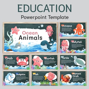 May include: A colourful educational chart with the title "Ocean Animals" on a chalkboard background. The chart features illustrations of various ocean animals, including a crab, starfish, turtle, dolphin, fish, hermit crab, jellyfish, octopus, and whale. Each animal is labelled with its name and has a brief description.