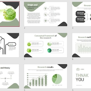 May include: A PowerPoint presentation template with a green and white color scheme. The template includes slides for research topic, origin and importance of research, conceptual framework of the research, research objectives, research methods, related research and theory, research results, and thank you. The slides feature charts, graphs, and diagrams.