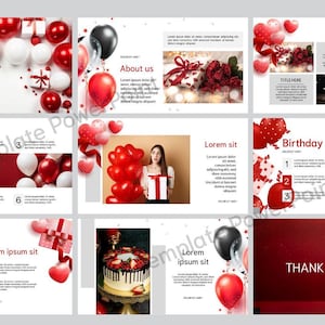May include: A PowerPoint presentation template with a red and white colour scheme. The template features a variety of images, including balloons, hearts, and gifts. The text "Happy Birthday" is featured on the first slide. The template is designed for use in celebrating birthdays.