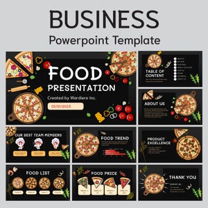 May include: A black and white presentation template for a food business. The template includes images of pizza, a food trend chart, a food list, and a food price list. The text on the slides includes "Food Presentation", "Table of Content", "About Us", "Our Best Team Members", "Food Trend", "Product Excellence", "Food List", "Food Price", and "Thank You".