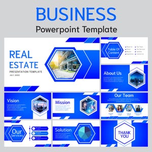 May include: A blue and white presentation template for real estate businesses. The template includes slides for a table of contents, about us, our team, vision, mission, our services, solution, and a thank you slide. The template features a modern design with geometric shapes and a cityscape background.