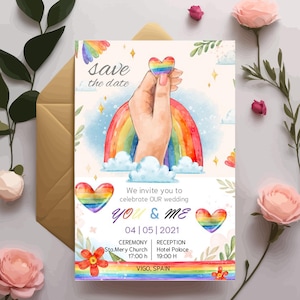 Invitación de boda editable con arcoíris Love - 4x6", PDF y PowerPoint - Descarga instantánea - Tarjeta de boda del orgullo LGBTQ, Sr. y Sr., Sra. y Sra.