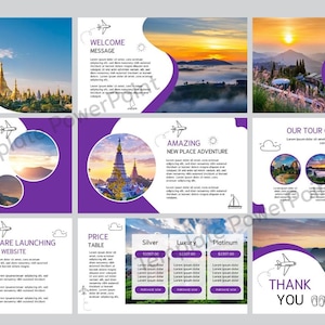 May include: A PowerPoint presentation template with a travel agency theme. The slides feature images of scenic locations, text, and purple design elements. Text includes "Travel Agency", "Everyday New Adventure", and "Thank You".
