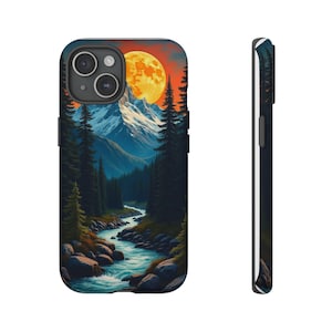 Rustic Moon Mountain Phone Case – Nature-Inspired Forest & Moonlit Peak Design | Tough iPhone Cover | Wood Art Gift