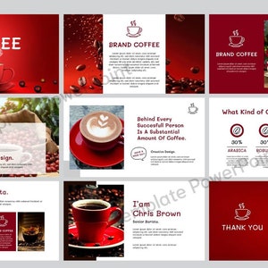 May include: A red and white PowerPoint presentation about coffee. The presentation includes images of coffee beans, coffee cups, and coffee drinks. The text on the slides includes the words "Coffee", "Brand Coffee", "The Coffee Story", "Creative Design", "Our Barista", "I'm Chris Brown", "Senior Barista", "What Kind of Coffee Do You Drink?", "Arabica", "Robusta", "Liberica", "Luwak", and "Thank You".