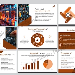 May include: A PowerPoint presentation template in brown and white. The slides cover research topics, objectives, methods, and results. Images of laboratory equipment and graphs are included.