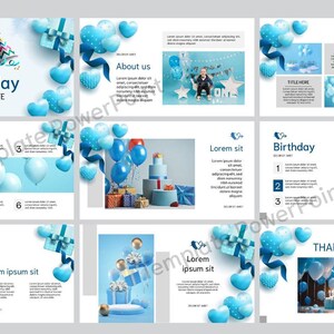 May include: A blue and white birthday party presentation template with a variety of images and text. The template includes a title slide, an about us slide, a slide with a list of items, a slide with a photo of a birthday cake, and a thank you slide.