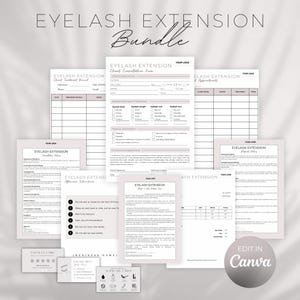 May include: A printable bundle of forms for eyelash extension businesses. The forms include a client consultation form, treatment band, appointment book, aftercare instructions, and a lash care card. The forms are designed in a minimalist style with a light pink background and black text.