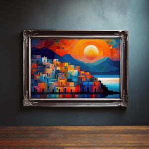 Vintage Coastal Seaside Painting, Coastal City Painting, Coastal Oil Painting, Seascape Painting, Sunset Painting, Digital Download Art