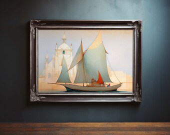 Vintage Painting Sloop Sailboat, Sailboat Oil Painting, Sailboat Painting, Beach Painting, Coastal Painting, Digital Download, Seascape