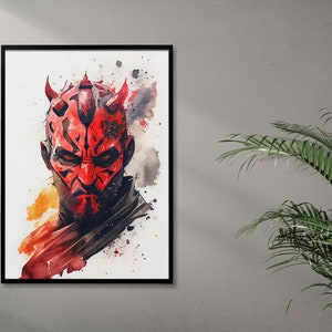 May include: A watercolour painting of Darth Maul, a character from the Star Wars franchise. He is depicted with his signature red and black face paint and horns. The background is a light wash of colour.